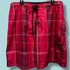 Speedo Mens XXL Red Plaid Board Shorts Mesh Lined Cargo Pocket Swim Trunks